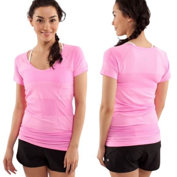 LULULEMON Swiftly Tech V Neck Raspberry Glo Light Stripe Short Sleeve Tee Size 4 - Picture 1 of 10